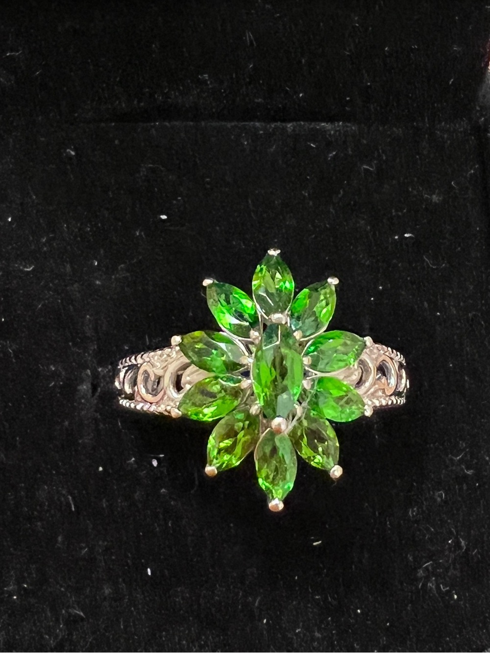 Russian Diopside Sterling Silver Floral Cluster Ring